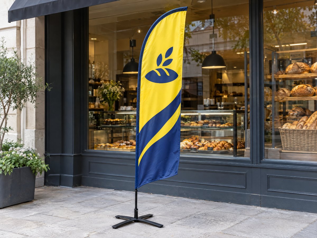 Beachflag Wing vor einer Bäckerei