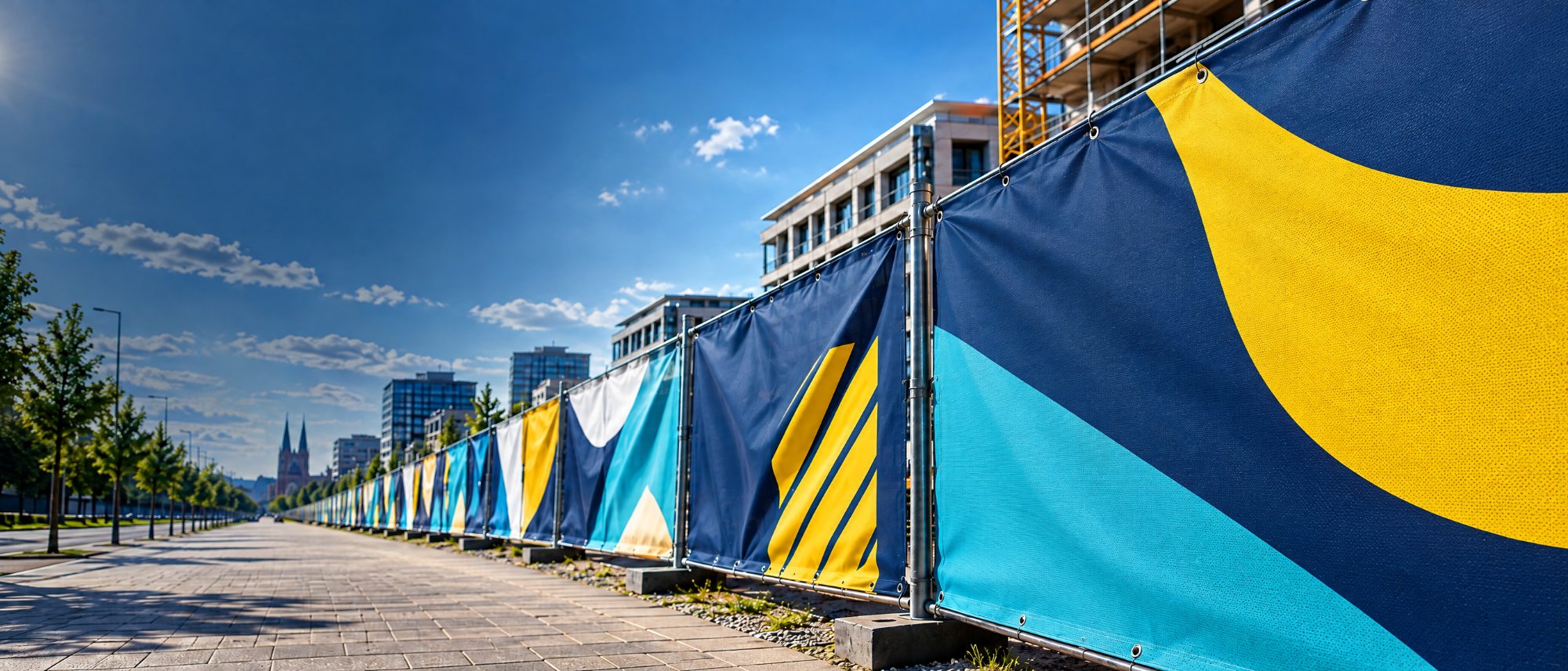 Bedruckte Mesh-Banner an einem Bauzaun