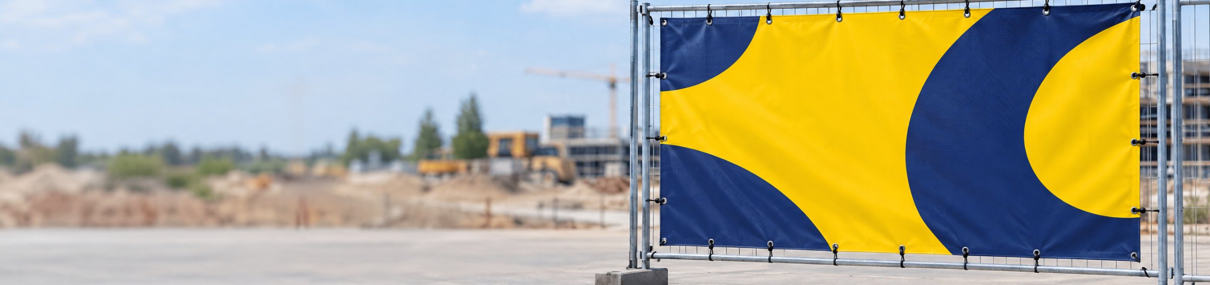 Gelb-blaues Werbebanner mit schwarzen Spannhaken an einem Bauzaun