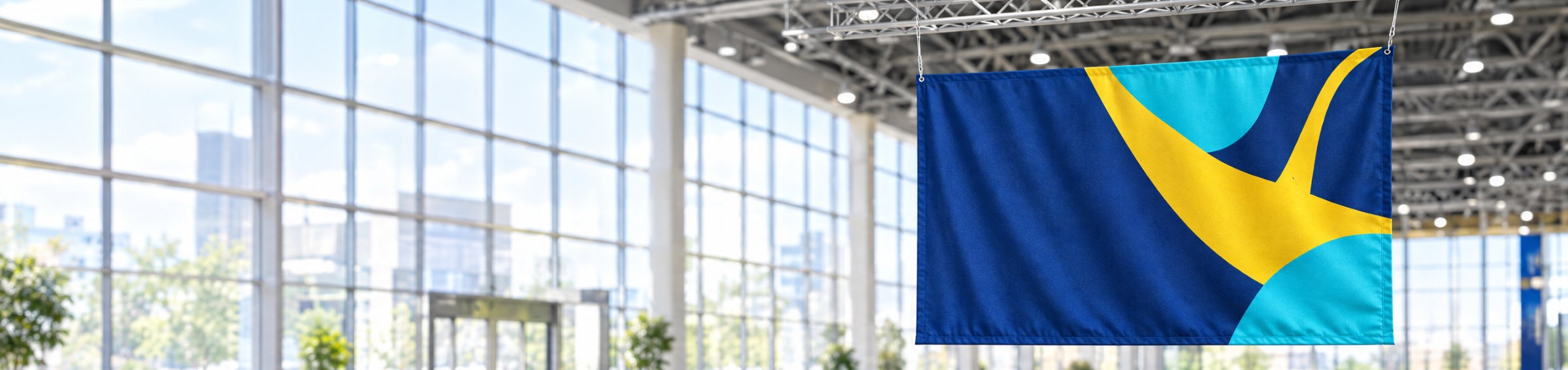 Bedrucktes Stoffbanner in einer Eventhalle