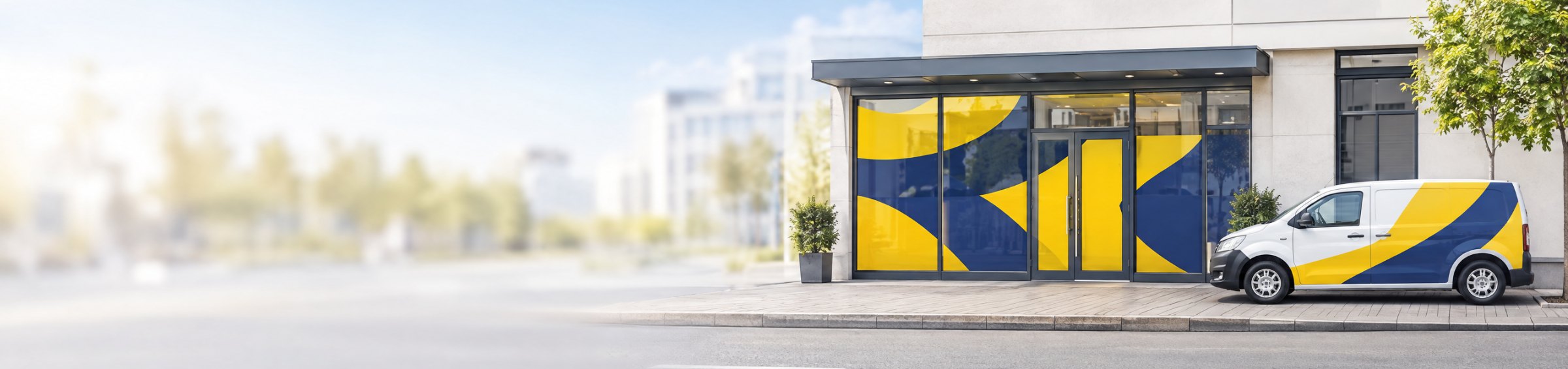 Schaufenster mit bedruckter Fensterfolie und foliertem Lieferwagen in Gelb und Blau