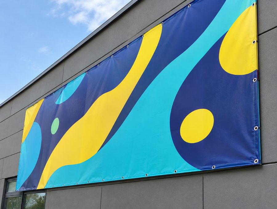 Großes PVC-Banner an einer Hauswand
