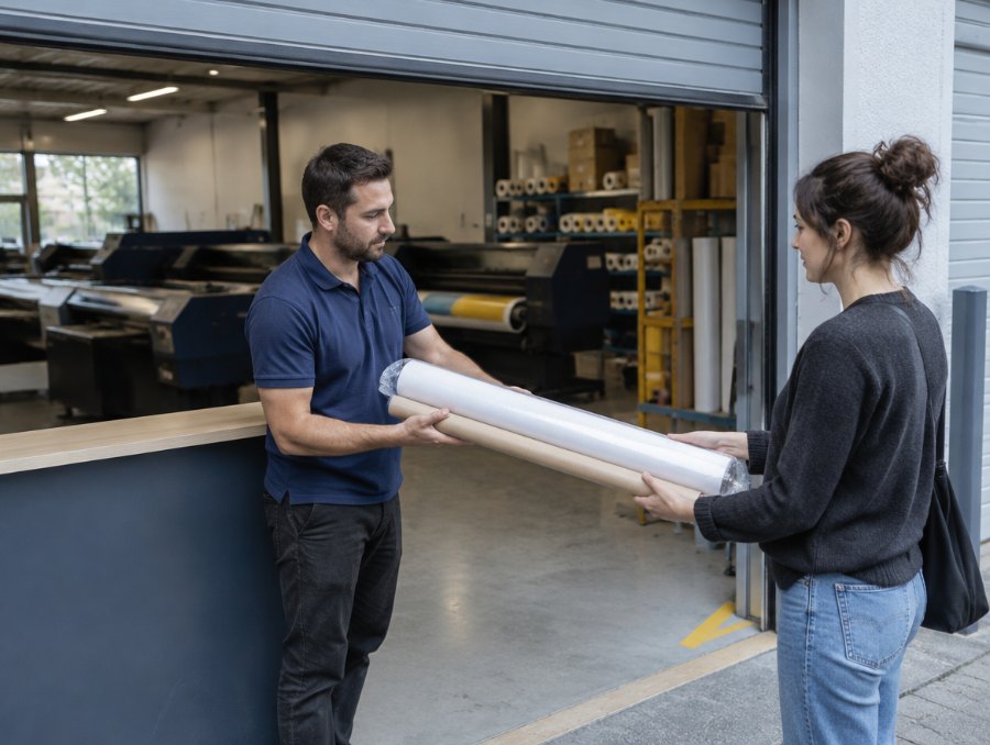 Abholung einer Bannerbestellung an der Produktion