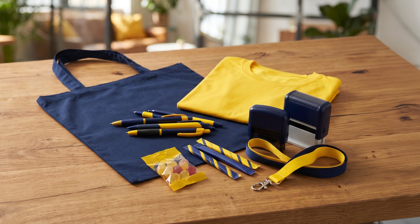 Stofftasche, Kugelschreiber, T-Shirt, Stempel und Lanyard mit Logo